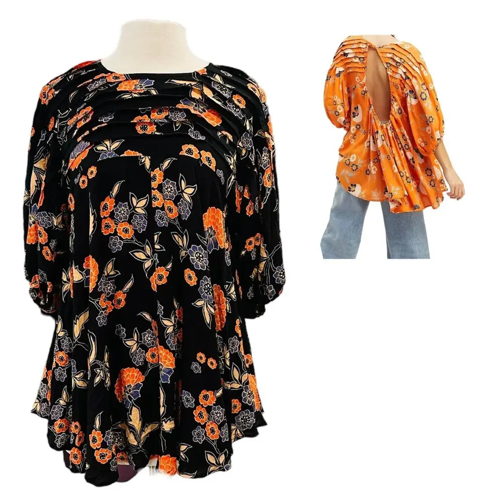 NEW Free People Edie Black Floral Open Back Cut Out Tunic Mini Dress Size XS